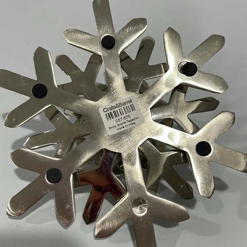 Crate & Barrel Silver Shiny Snowflake Taper Candle Holder